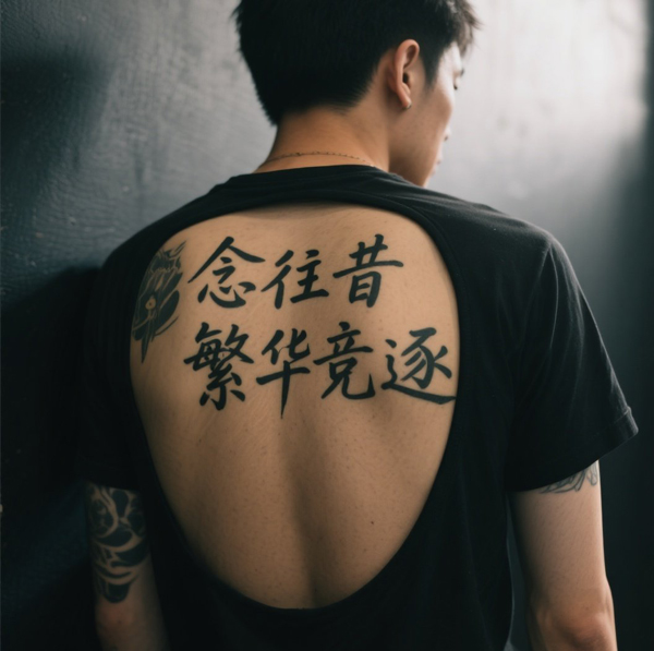 jimeng-2025-07-20-8615-一个那人背部纹身，背上写着“念往昔，繁华竞逐”.jpeg