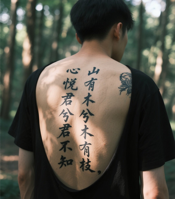 jimeng-2025-07-20-3070-一个那人背部纹身，背上写着“山有木兮木有枝，心悦君兮君不知”.jpeg
