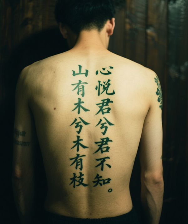 jimeng-2025-07-20-5245-一个那人背部纹身，背上写着“山有木兮木有枝，心悦君兮君不知”.jpeg