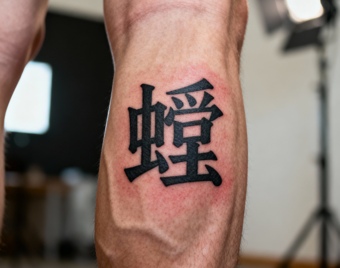 jimeng-2025-10-05-4412-写实摄影风格，一个年轻男性的腿部，腿部中央位置有一个醒目的刺青“蛍”字纹身，字体....png