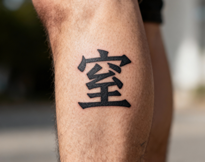 jimeng-2025-10-05-6736-写实摄影风格，一个年轻男性的腿部特写，腿部中央位置有一个醒目的刺青“窒”字纹身，....png