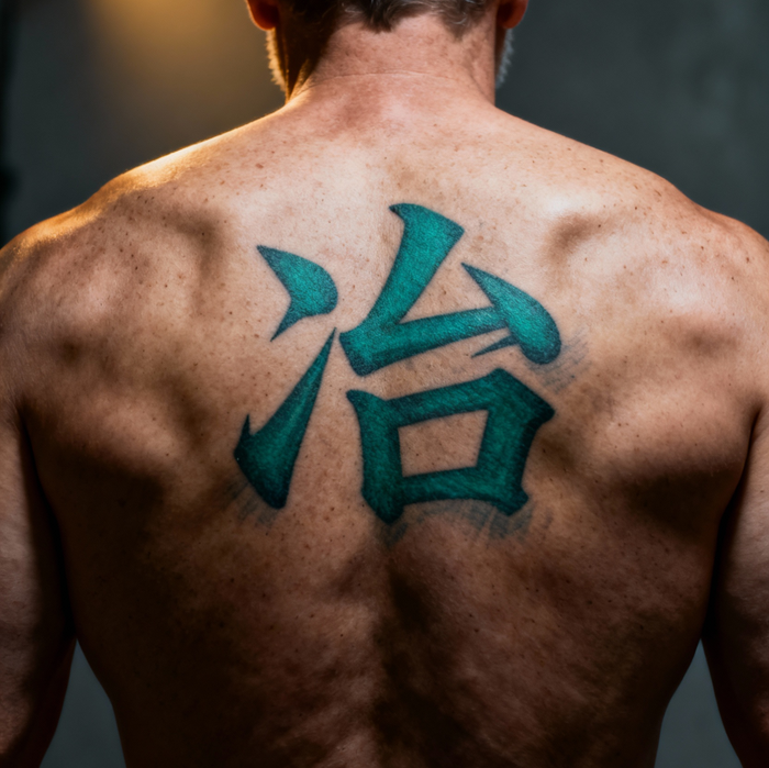 jimeng-2025-10-05-3307-写实摄影风格，一个欧美中年男性的背部特写，背部中央位置有一个醒目的刺青“冶”字纹....png