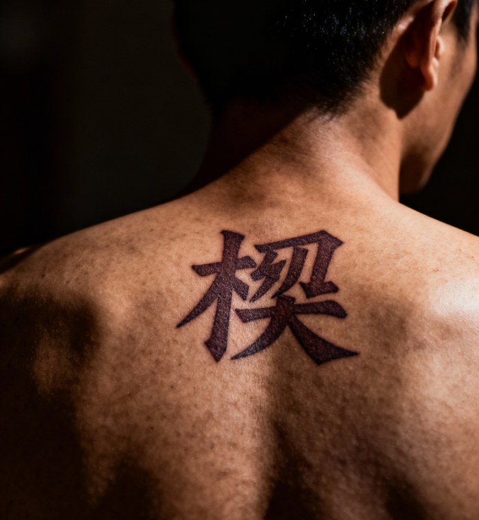 jimeng-2025-10-05-7155-写实摄影风格，一个亚洲男性的背部特写，背部中央位置有一个醒目的刺青“桁”字纹身，....png