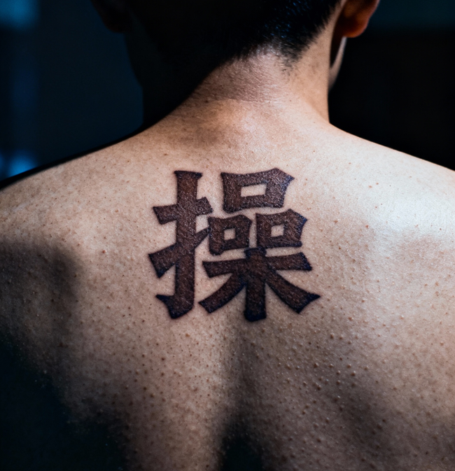 jimeng-2025-10-05-4006-写实摄影风格，一个亚洲男性的背部特写，背部中央位置有一个醒目的刺青“操”字纹身，....png
