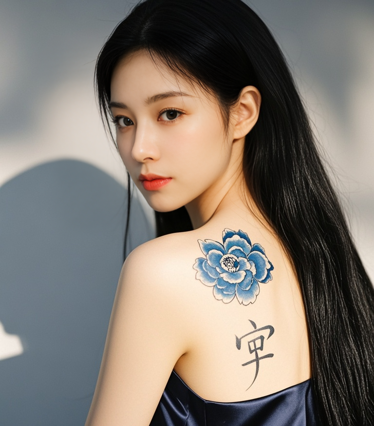 jimeng-2025-10-06-8364-这是一张特写照片，展示了一位女性的背部和肩膀。她的背部有一幅蓝色的花朵纹身，花朵....png