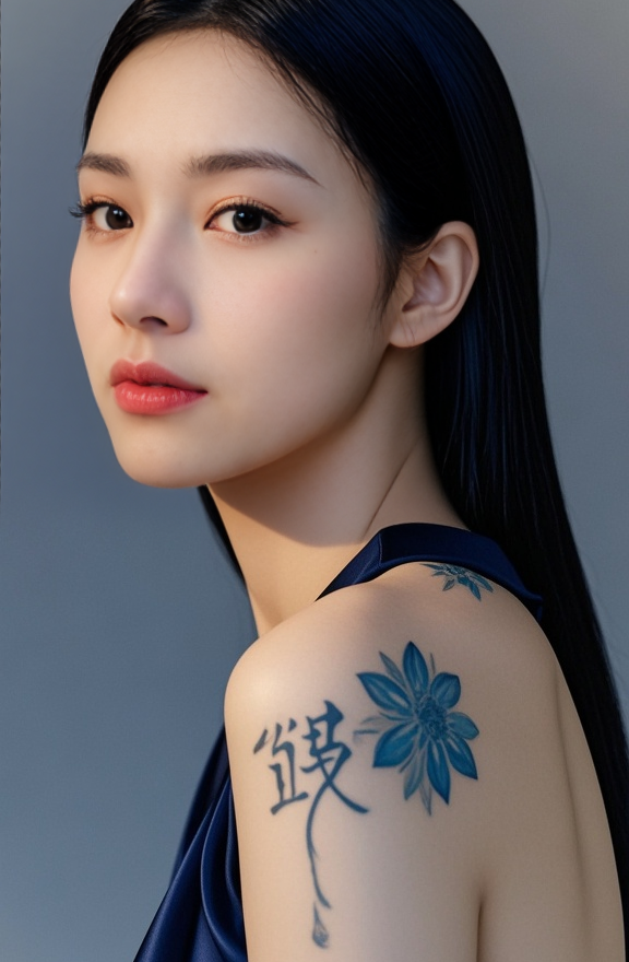 jimeng-2025-10-06-3039-这是一张特写照片，展示了一位女性的背部和肩膀。她的背部有一幅蓝色的花朵纹身，花朵....png