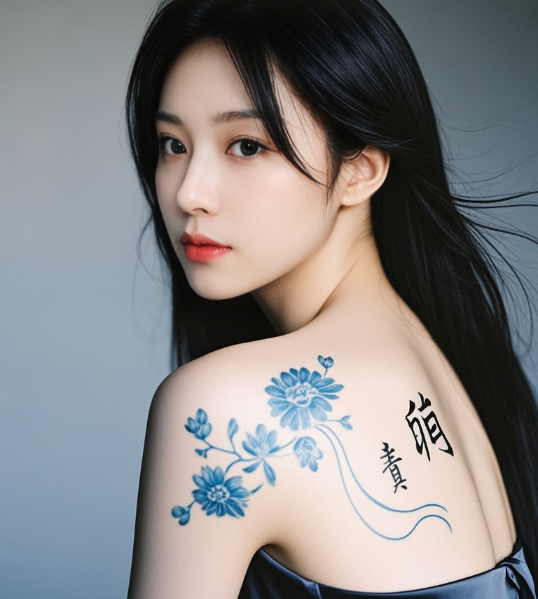 jimeng-2025-10-06-2195-这是一张特写照片，展示了一位女性的背部和肩膀。她的背部有一幅蓝色的花朵纹身，花朵....png
