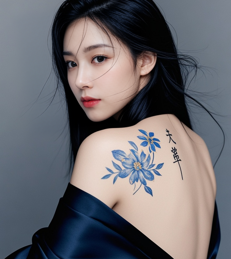 jimeng-2025-10-06-7364-这是一张特写照片,展示了一位女性的背部和肩膀。她的背部有一幅蓝色的花朵纹身,花朵....png