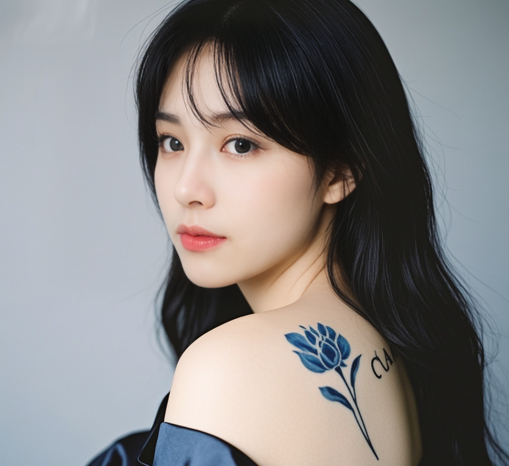 jimeng-2025-10-06-3287-这是一张特写照片，展示了一位女性的背部和肩膀。她的背部有一幅蓝色的花朵纹身，花朵....png