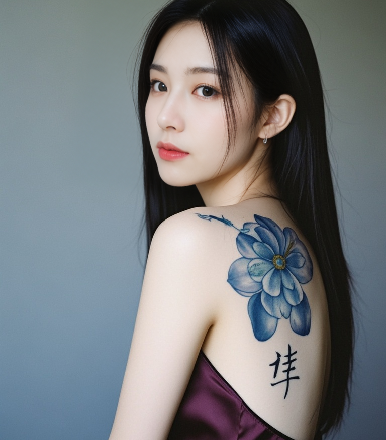 jimeng-2025-10-06-6501-这是一张特写照片，展示了一位女性的背部和肩膀。她的背部有一幅蓝色的花朵纹身，花朵....png