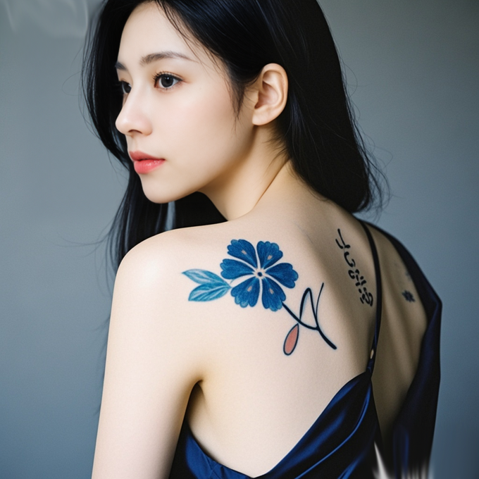 jimeng-2025-10-06-2217-这是一张特写照片，展示了一位女性的背部和肩膀。她的背部有一幅蓝色的花朵纹身，花朵....png